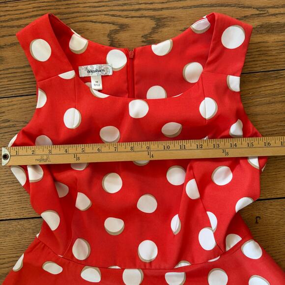 Dress Barn Skater Dress SZ 10 Orange Ivory Polka Dots Minnie Rockabilly Pinup - Picture 5 of 9